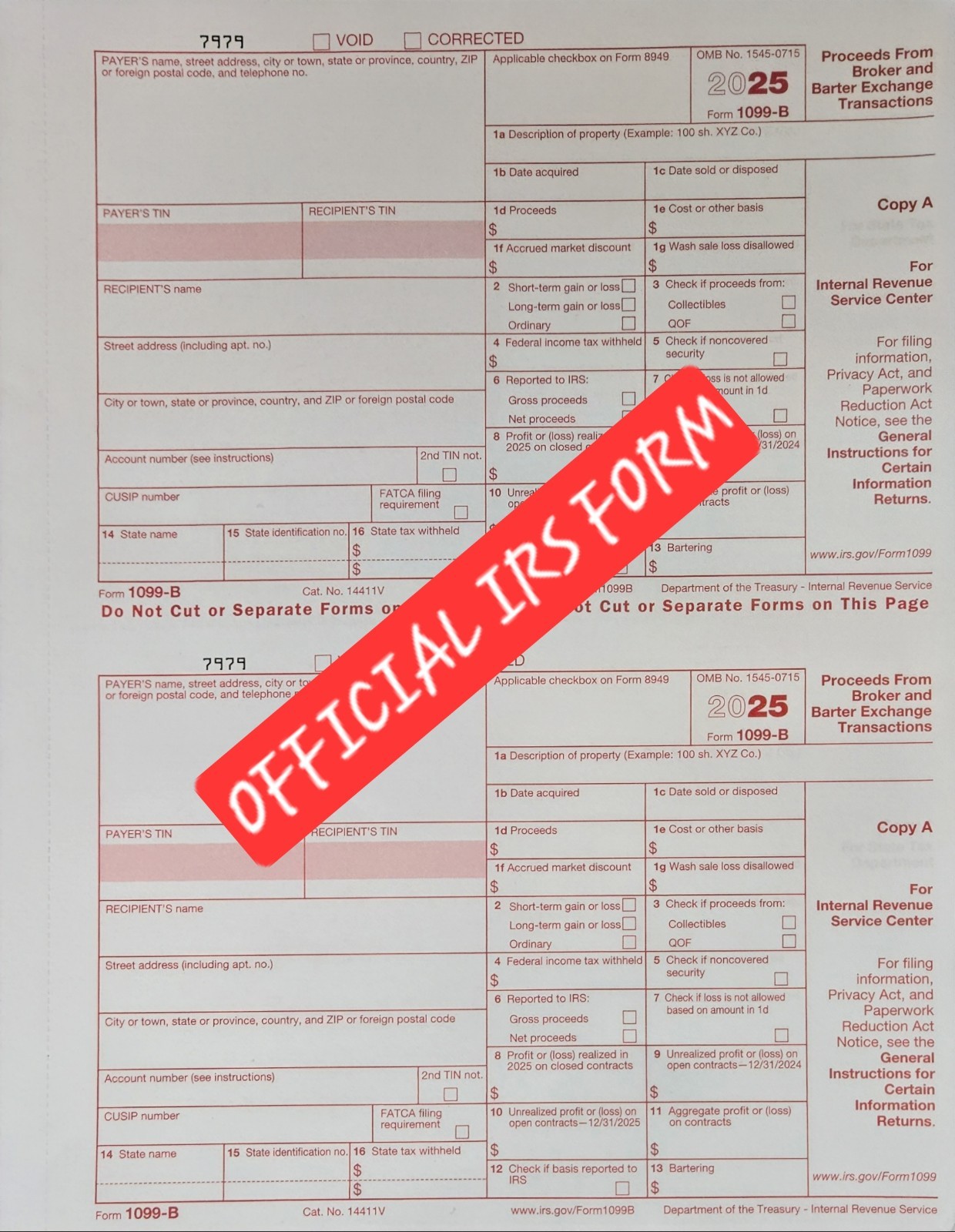 2025 IRS Tax Form 1099-B Single Sheet Set For 2 Recipients NON Carbonless