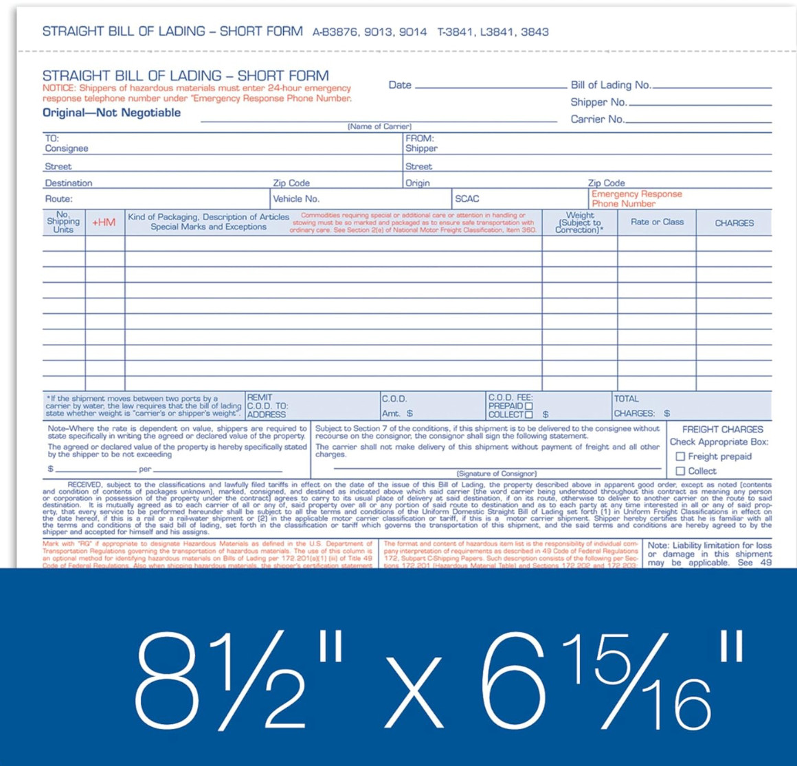 Adams Bill of Lading Short Form, 8-1/2 x 7-7/16 Inches, White, 3-Part, 250-Count