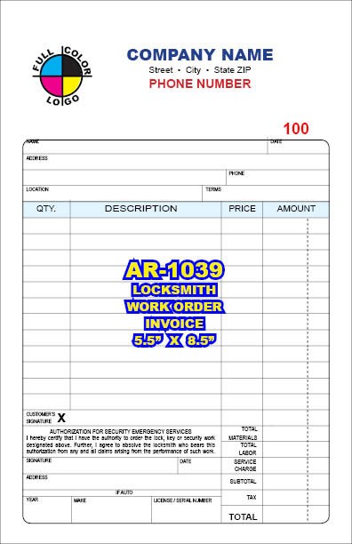 LOCKSMITH INVOICE WORK ORDERS CUSTOM PRINTED 2 or 3 Part CARBONLESS
