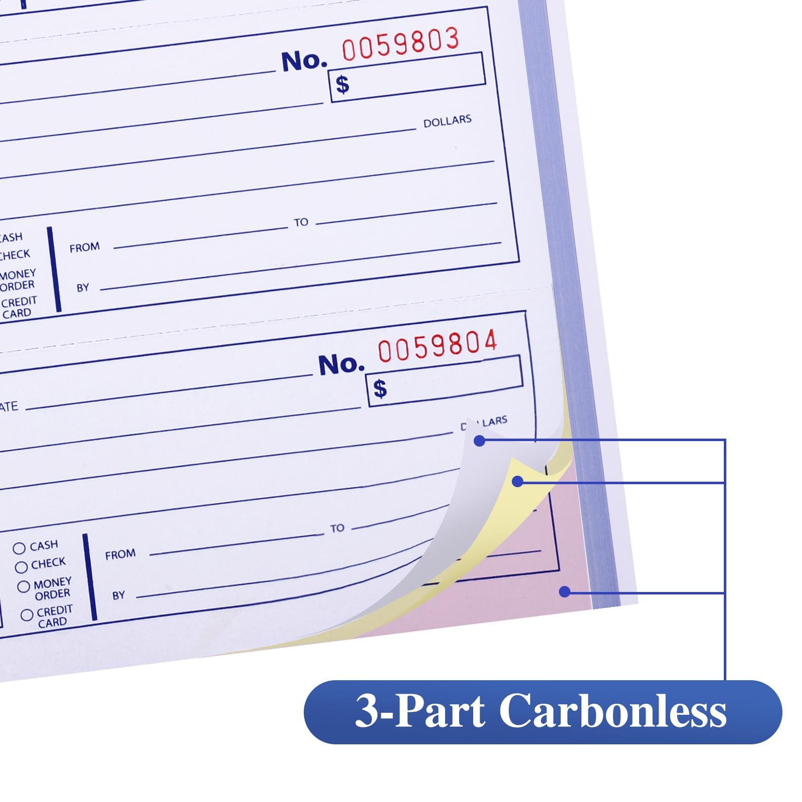 6 Pack Receipt Books 3Part Carbonless White Yellow Pink 100 Sets Per Book