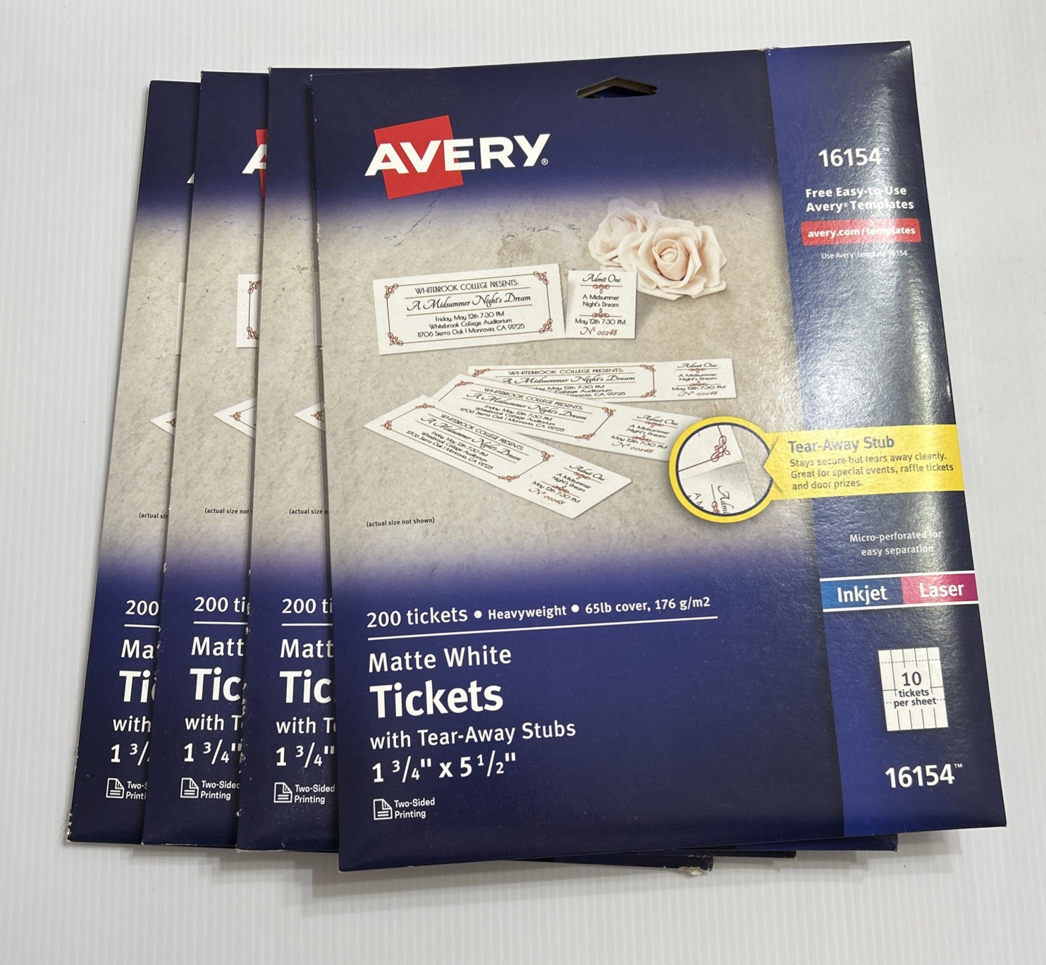 Lot of 4 AVERY 16154 Matte Whie Tickets with Tear Away Stubs 8.5 x 11 (4×200 pc)