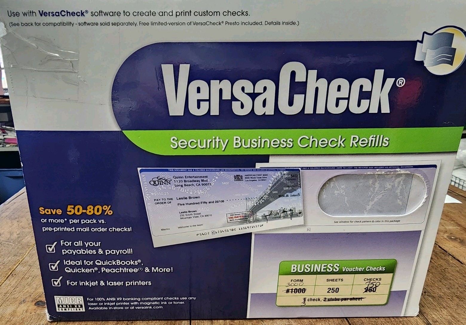 VersaCheck Security Business Checks, 3 Per Sheet, 750 Checks, NEW, SHIPS FREE