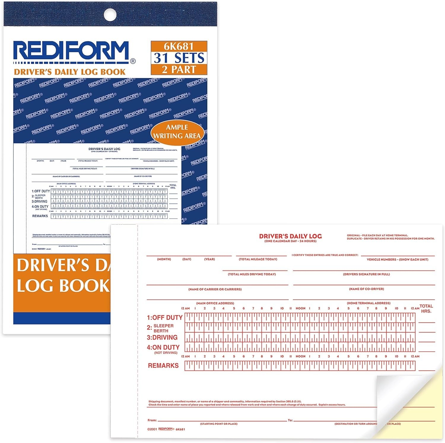 Driver’s Daily Log Book, Carbon, 2 Part, 5.5 x 7.875 Inches, 31 Forms
