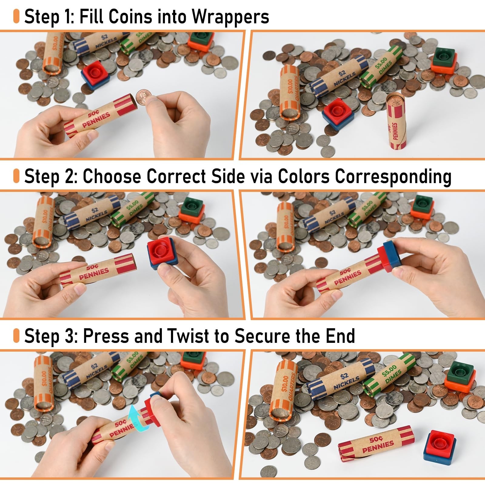 256 Assorted Preformed Coin Roll Wrappers with Coin Roll Crimper, Easy-Read D…