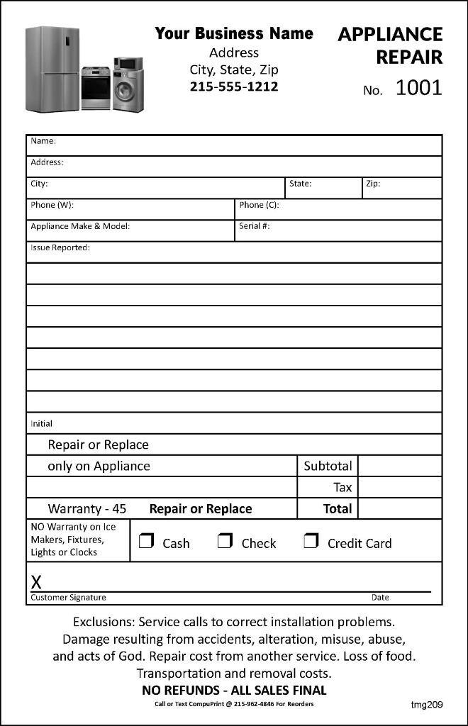 Custom Appliance Repair Form / 2 Part or 3 Part / 5.5 x 8.5 / TMG209