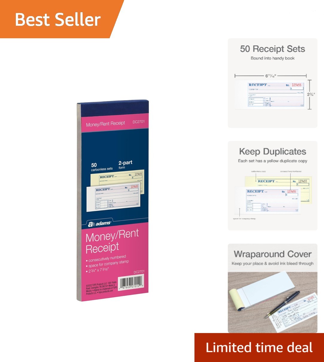 Adams 2-Part Carbonless Receipt Book – 50 Sets, 2.75” x 7.19”, White & Canary