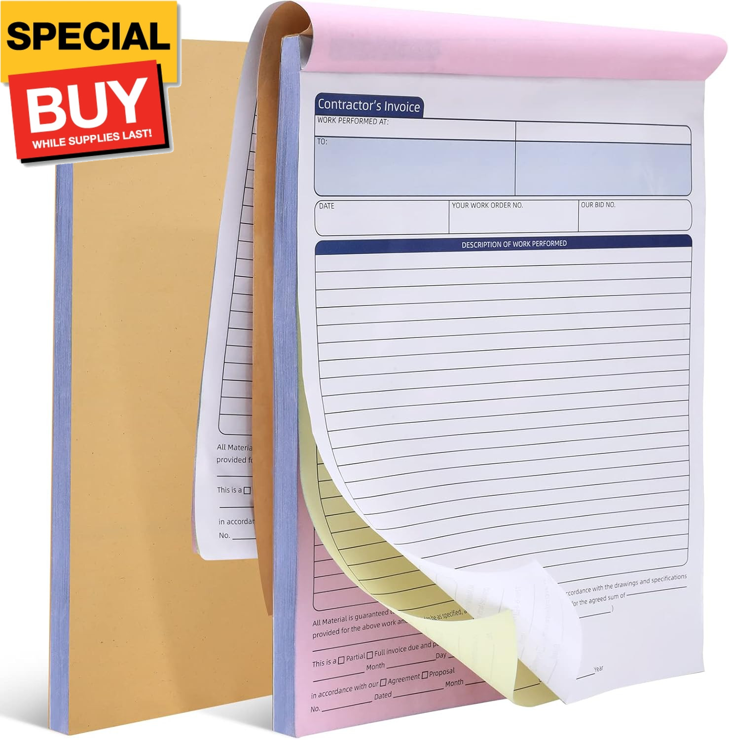 2 Pcs Contractors Invoice Book Carbonless Forms Receipt 8.5 x 11 Inch Work Order