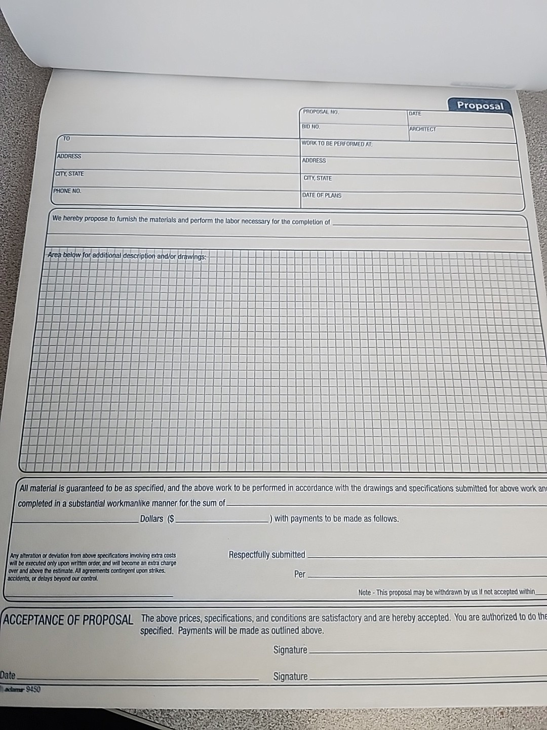 Adams 2 part Contractor Proposal Forms 50 Carbonless Sets