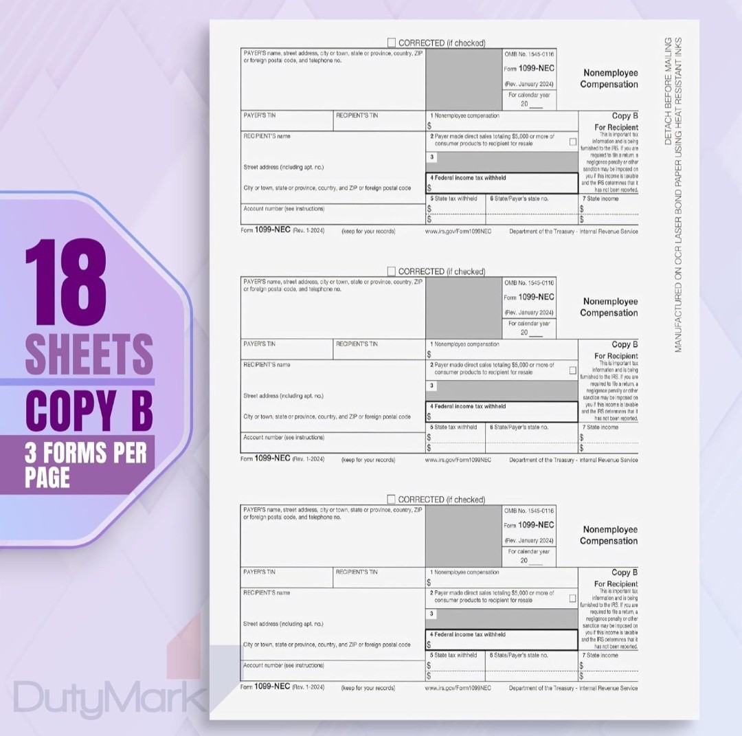 1099 NEC Forms 2024 50 Pack 4 Part Laser Tax Forms Kit Pack Federal/State 1096
