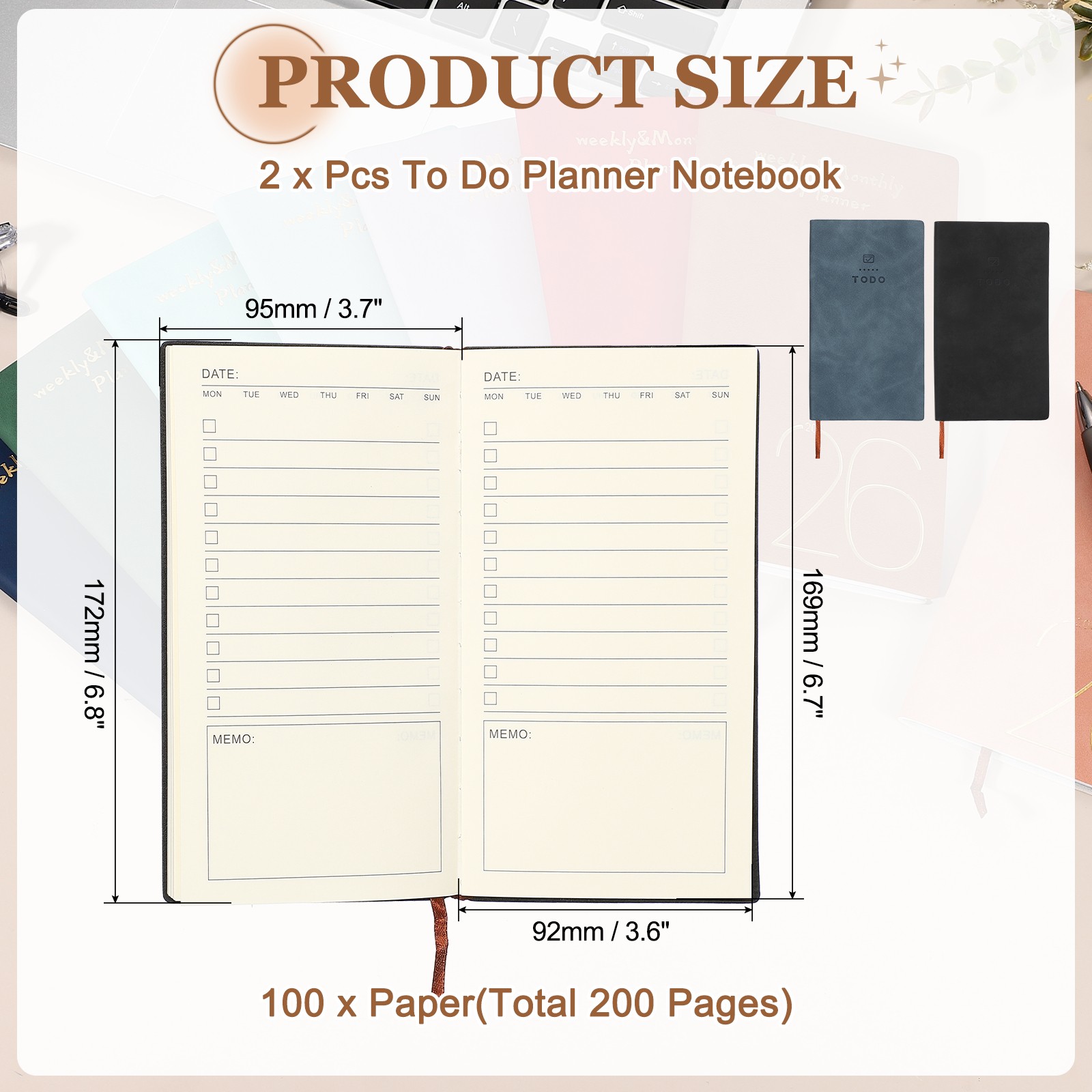 2Pcs to Do Notebook, A6 6.8 x 3.7″ Daily Planner Notebook, Black/Dark Blue