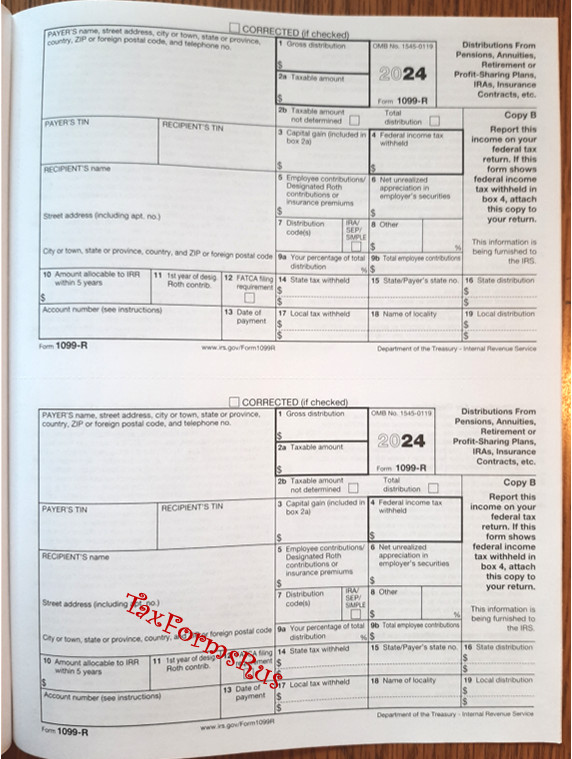 2024 IRS Tax Form 1099-R single sheet set for 2 recipients NONcarbonless 5pt 2up