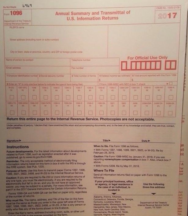 2017: 5 SHEETS 1098 IRS Mortgage Interest Statement & 2=1096 Transmittal Forms