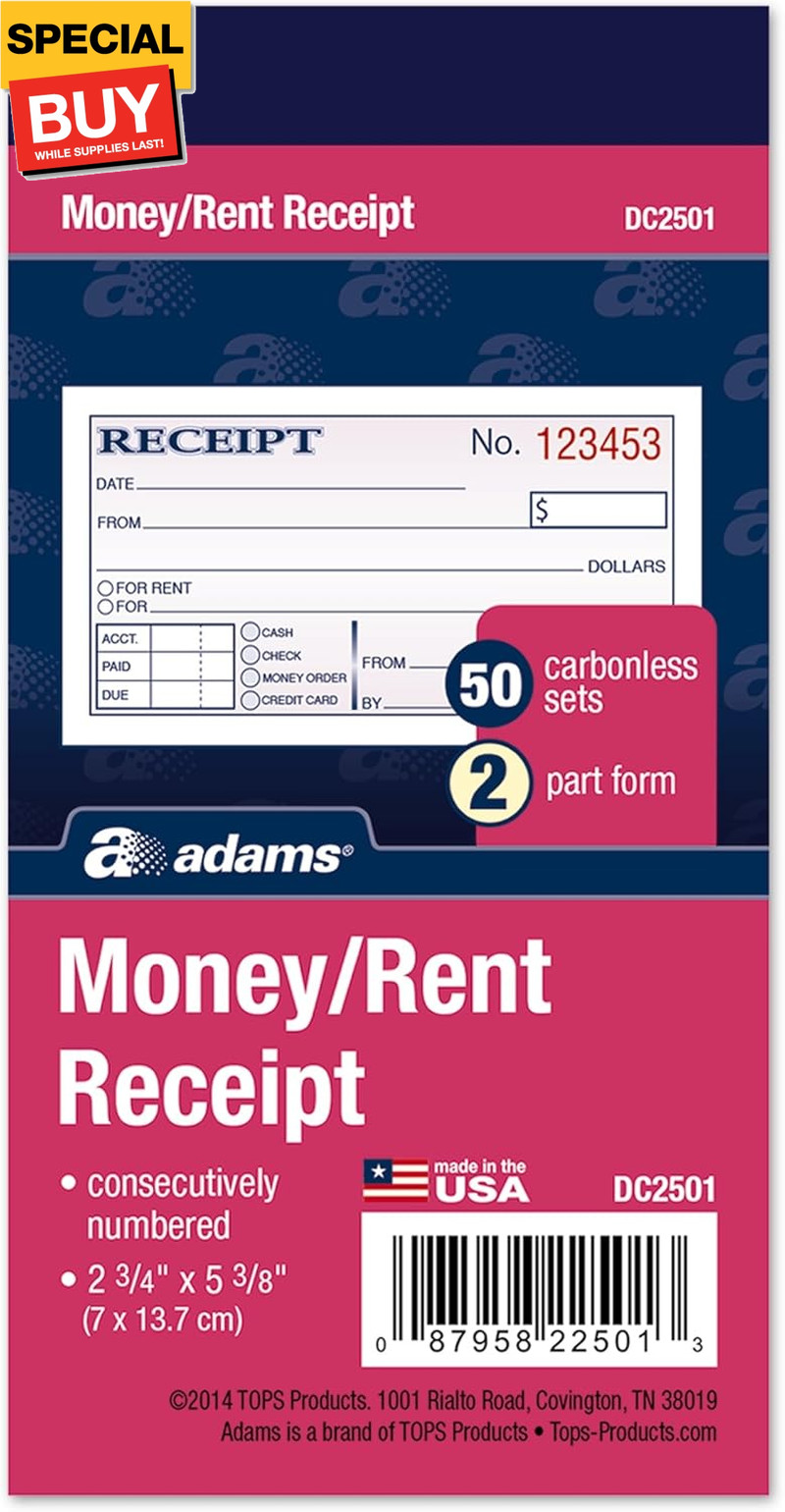 Money and Rent Receipt, 2-3/4 x 5-3/8 Inches, 2-Parts, Carbonless, White/Canary,