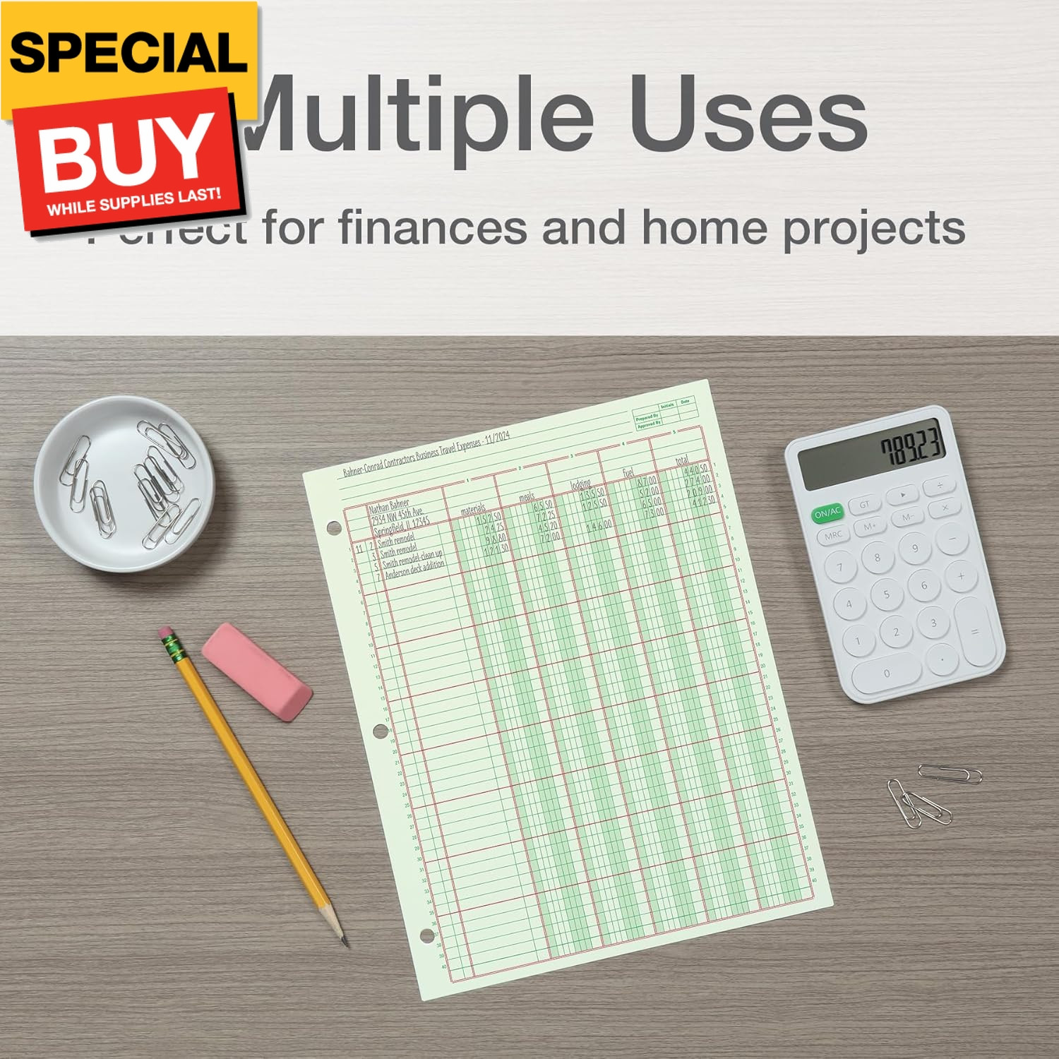 Columnar Analysis Pad, 5 Column Ledger, 8.5″ x 11″, 100 Pages (50 Sheets), Green