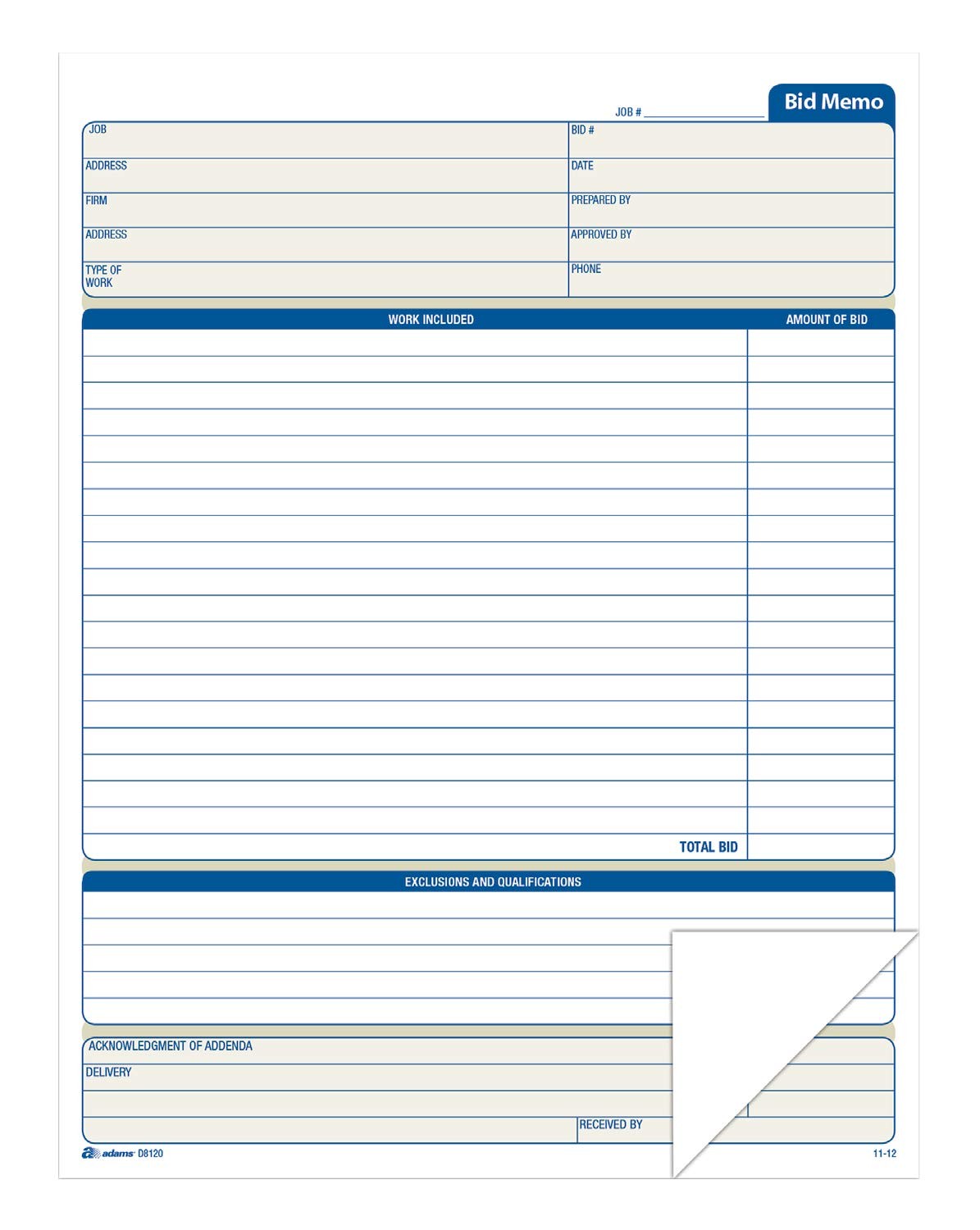Adams Bid Memos, Business Forms, 8-3/8″ x 11-7/16″, White, 25 Sets Per Book…