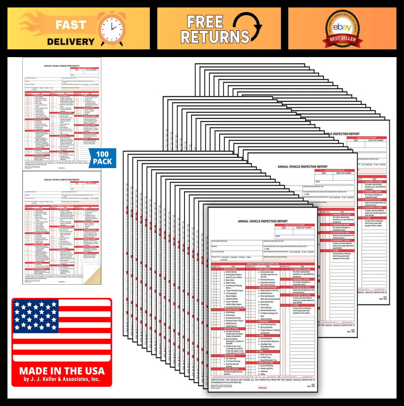 100-Pack Annual Vehicle Inspection Report Forms – 2-Ply Carbonless, DOT Complian