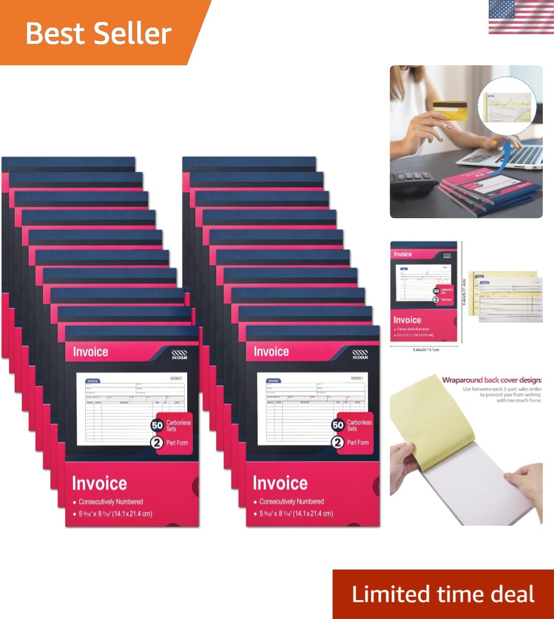 20-Pack Carbonless Invoice Books: 2-Part, 5-9/16″ x 8-7/16″ for Small Businesses