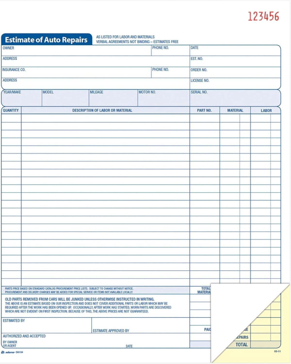 Auto Repair Estimate Book, 2-Part, Carbonless, White/Canary, 8-3/8 X 10-11/16 In