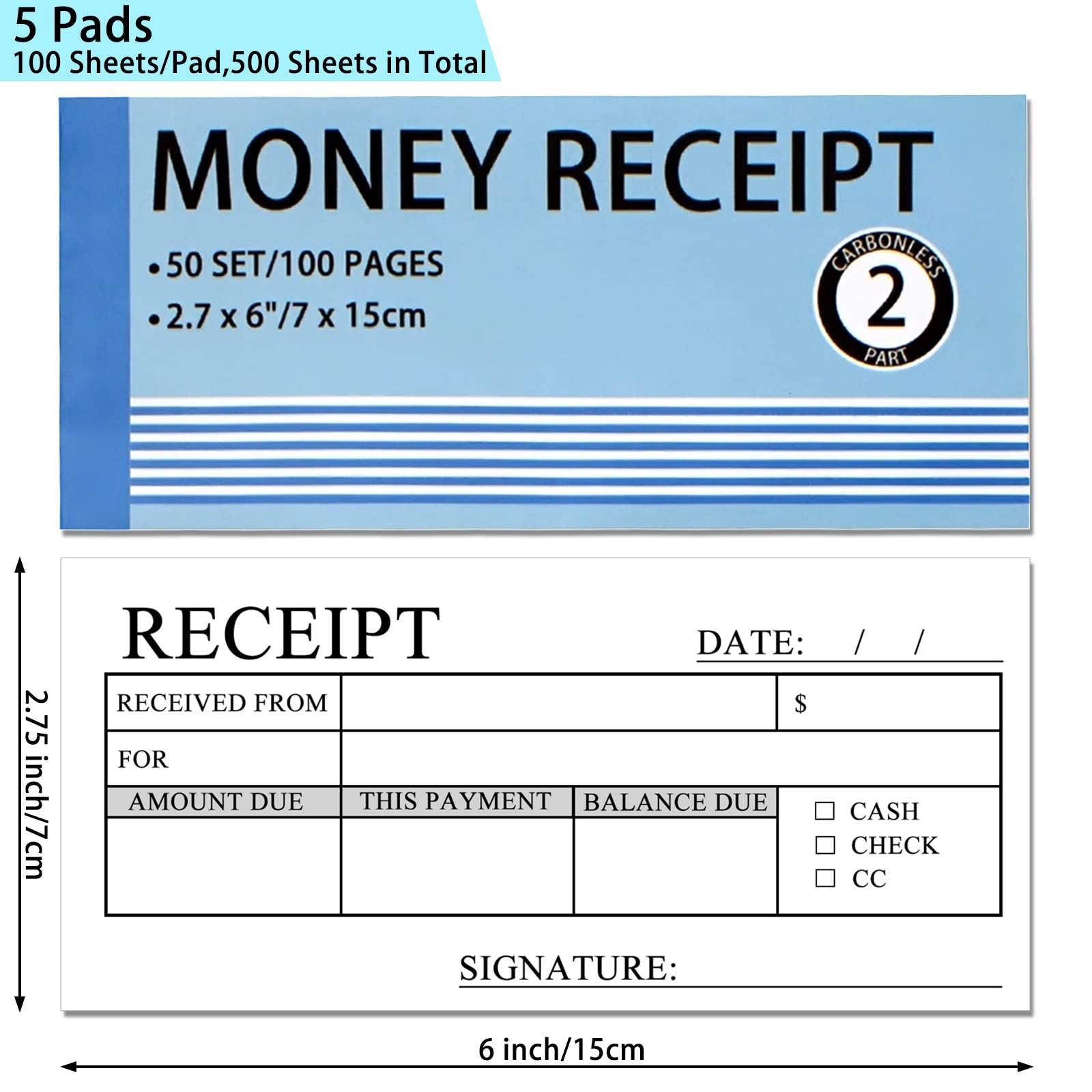 5PCS Money and Rent Receipt Book, 2-Part,Carbonless Copy Receipt Book