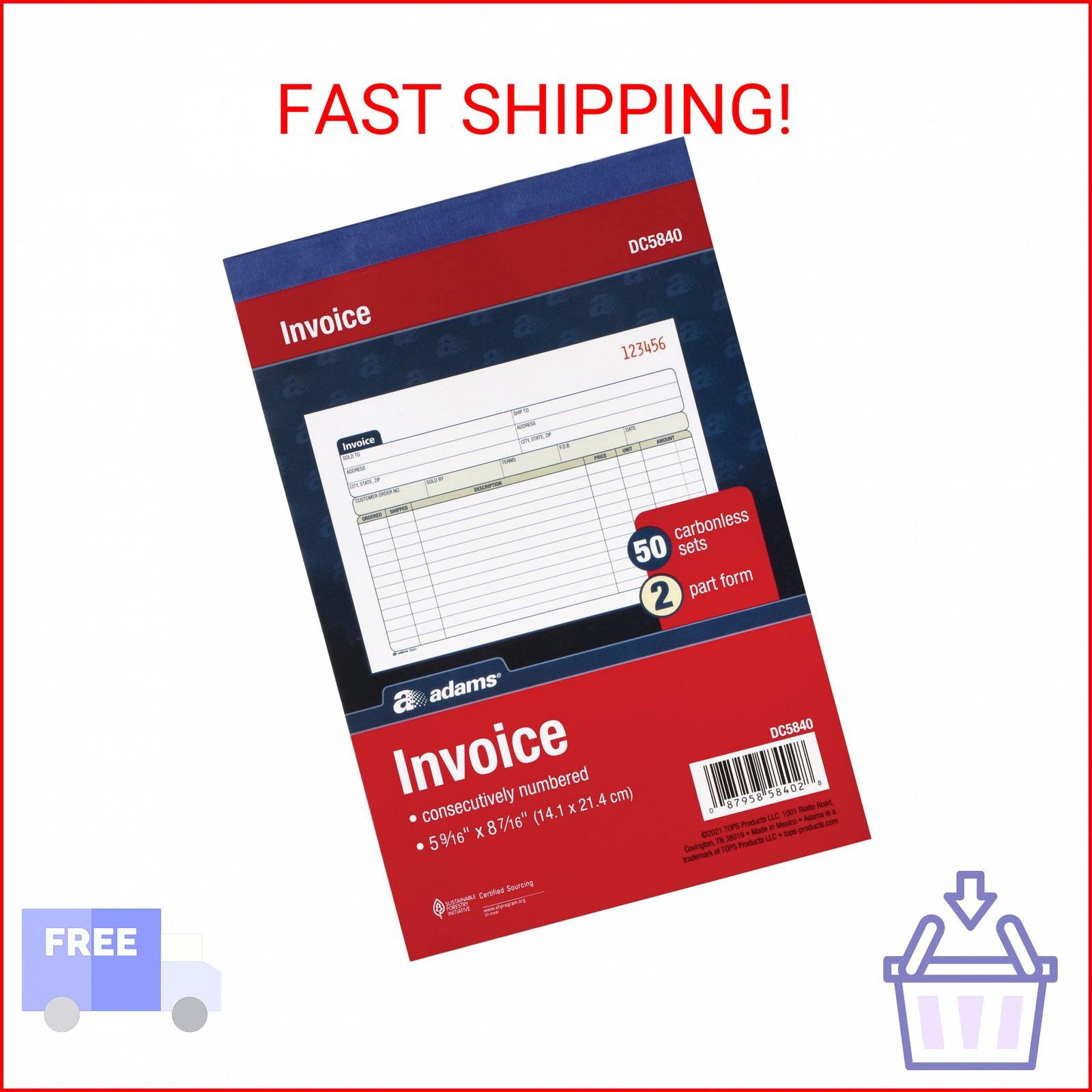 Adams Invoice Book 3 Pack, 2 Part Carbonless Invoices, Horizontal Sales Slip, 5-