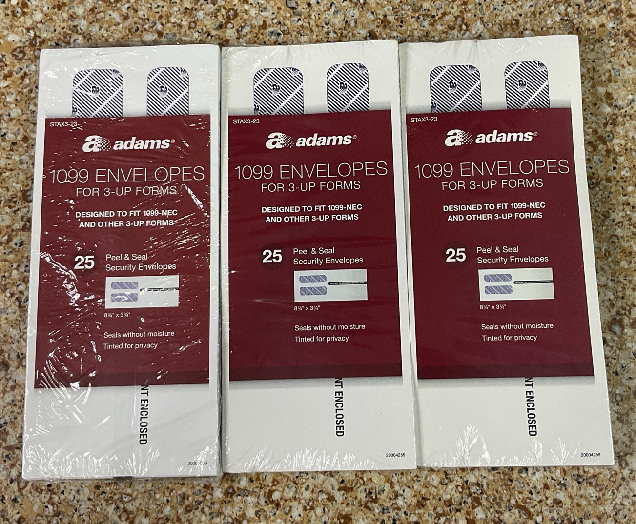 Adams 1099 Envelopes For 3-Up Forms Double Window Peel & Seal 3 Pkgs 75 Total