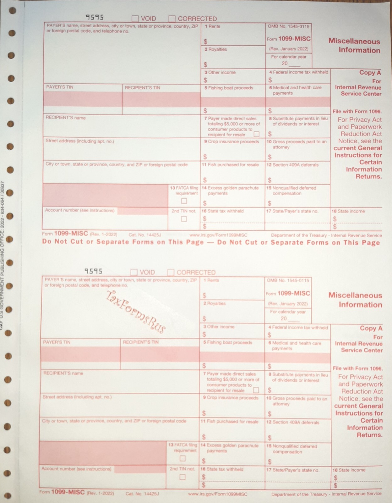 2022 IRS Tax Form 1099-MISC single sheet set for 2 recipients carbonless 5-pt