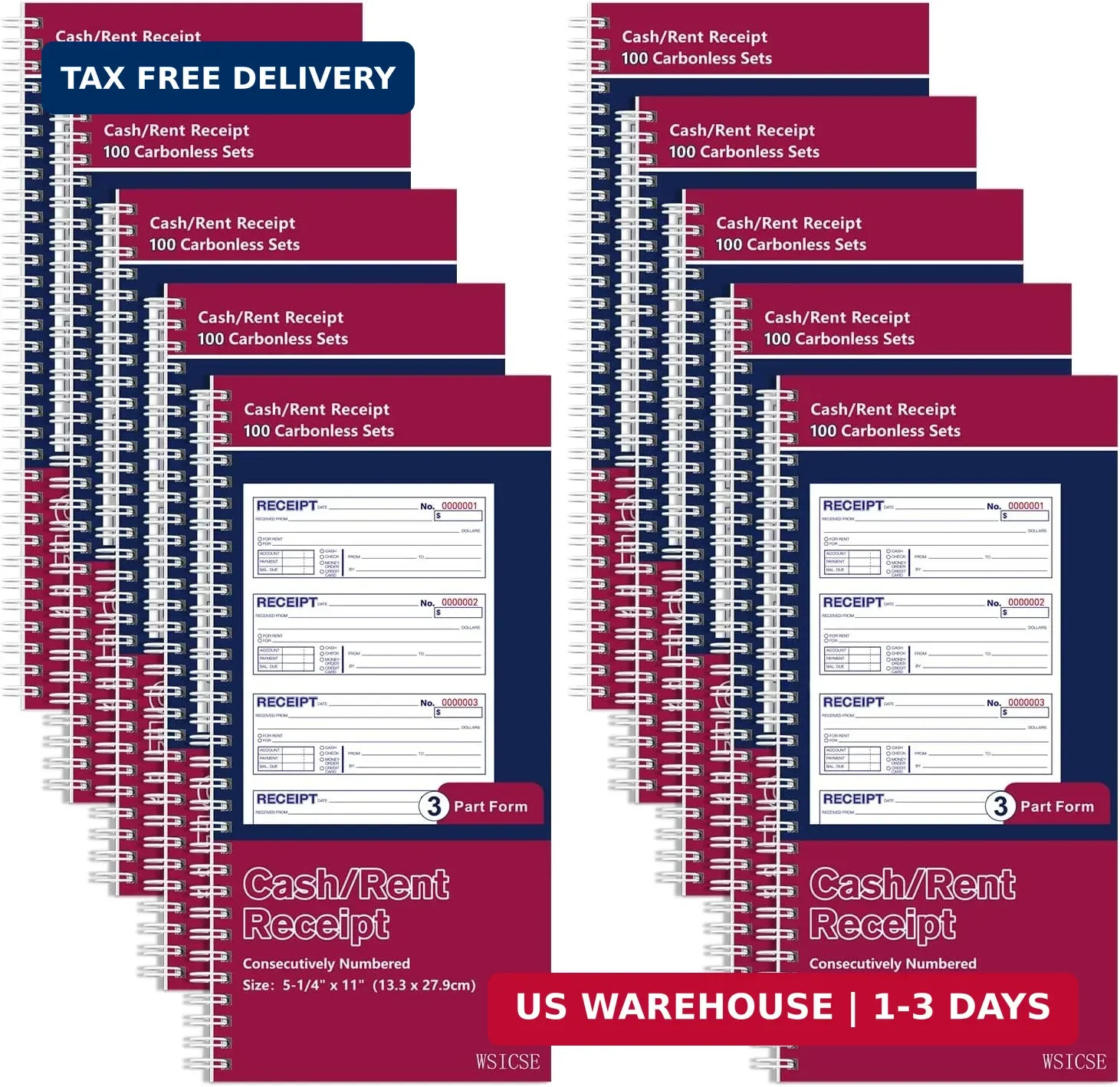 10 Pack Receipt Books with Carbon Copies, Rent Receipt Book, 3-Part Carbonless,