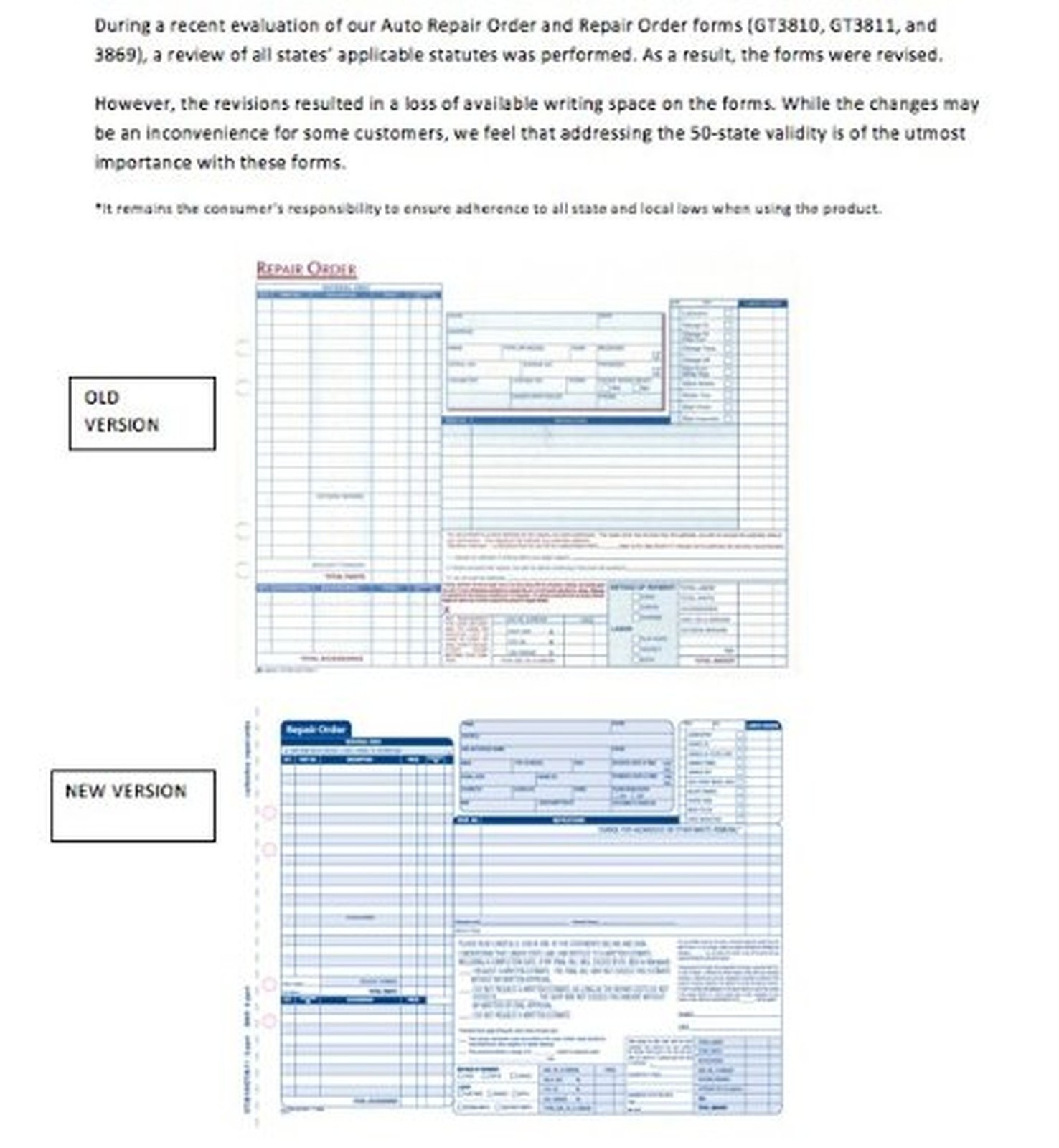 Repair Order Form Sheets 50 Sets 3 Copy Auto Shop Work Order Paper Pack NEW