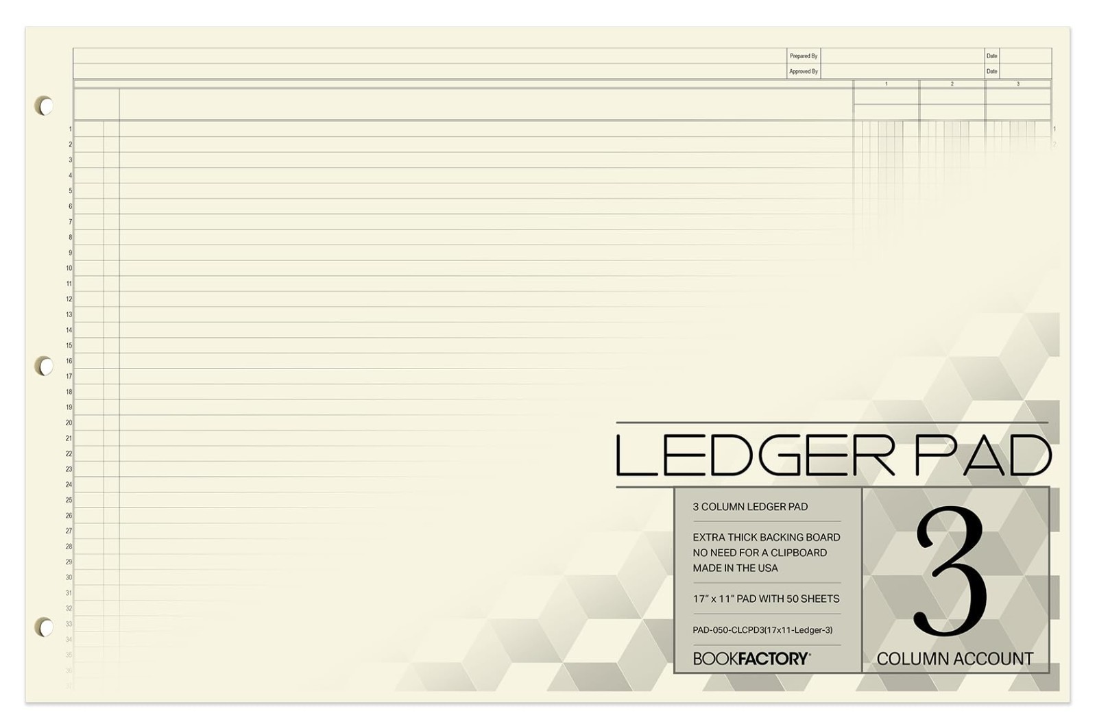 Large 3-Column Accounting Ledger Pad – 17″x11″, 50 Pages, Landscape Format