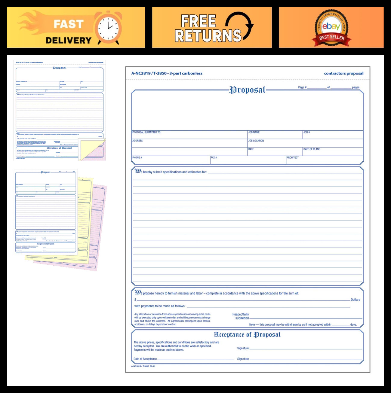 Contractor Proposal Forms 3-Part Carbonless 50-Pack 8.5×11 Inch White Pink Canar
