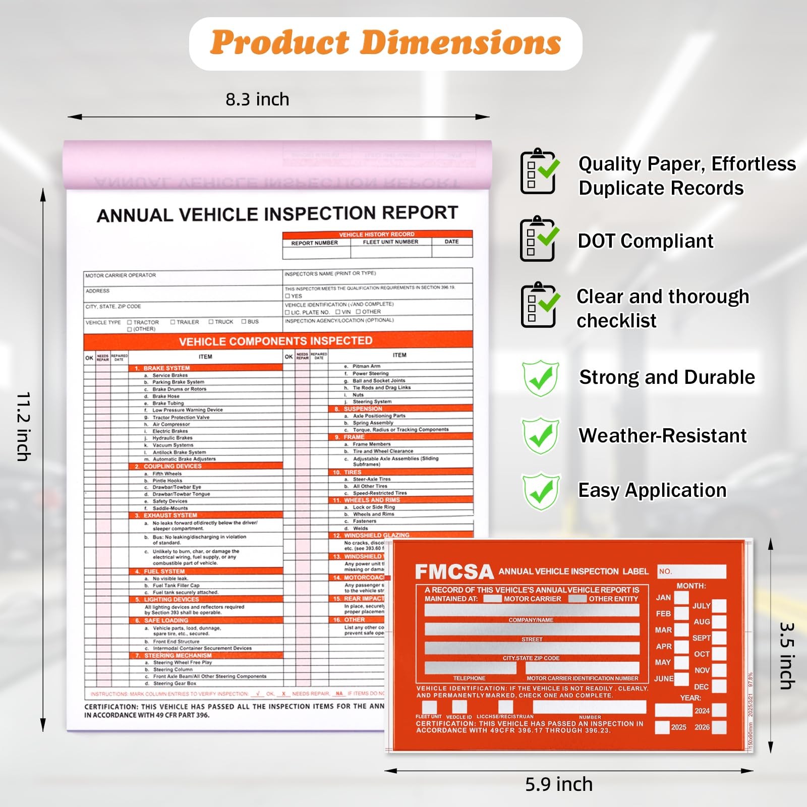 30 Pack Annual Vehicle Inspection Report Forms & 30-Pk Red Aluminum FMCSA Adh…