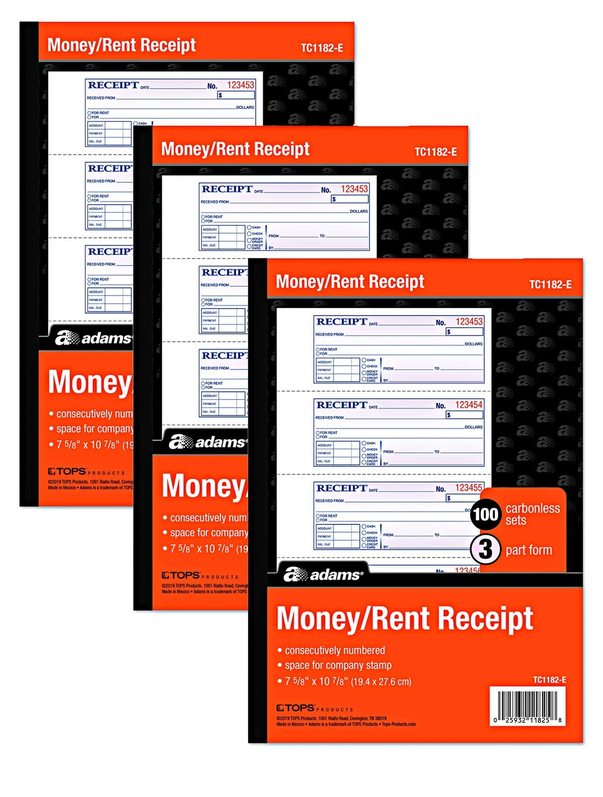 Adams 3 Pack Carbonless Rent Receipt Books For Landlords 100 Sets Orange Black