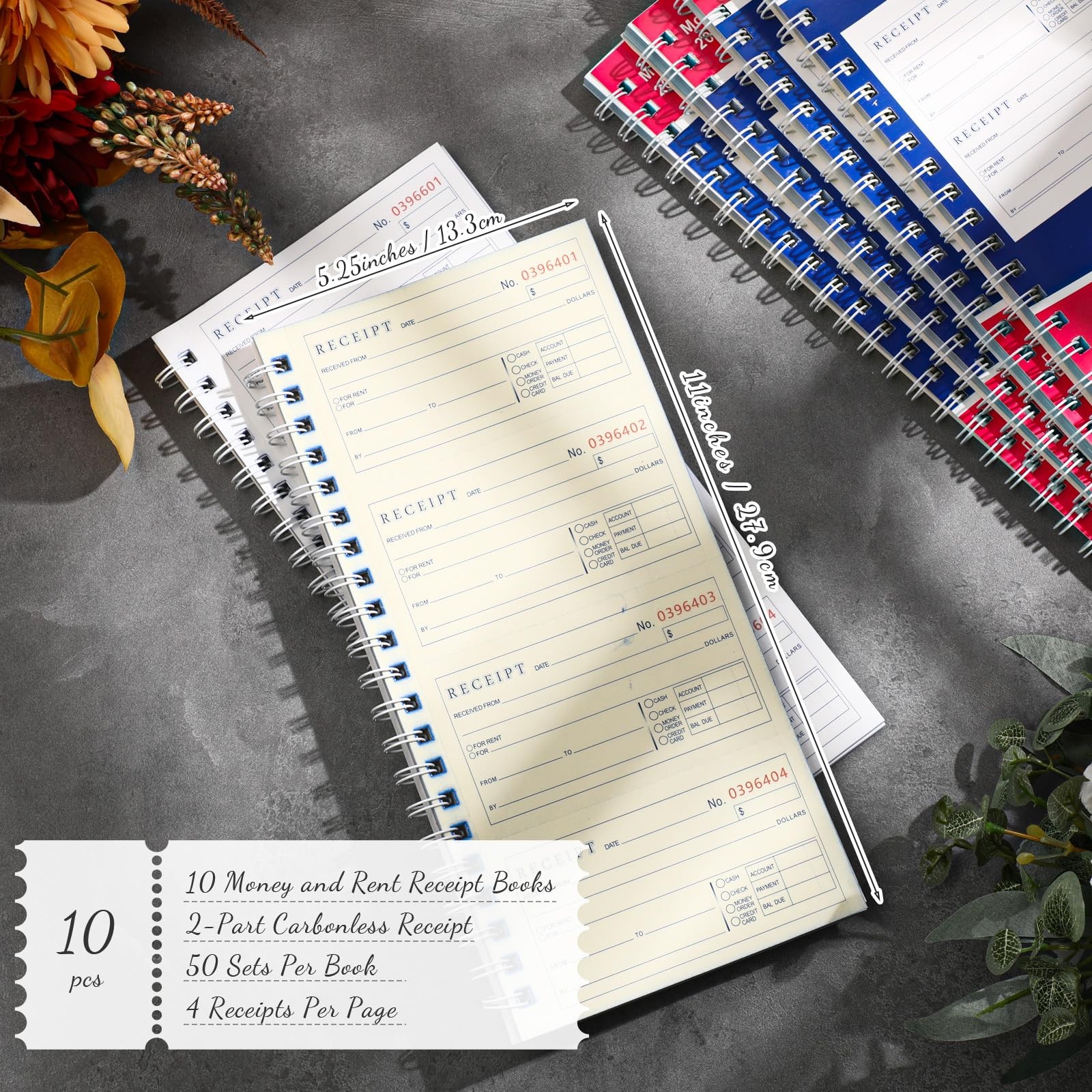 10 PCS Books Money Rent Receipt Book 2 Part Carbonless Log Book Spiral Set