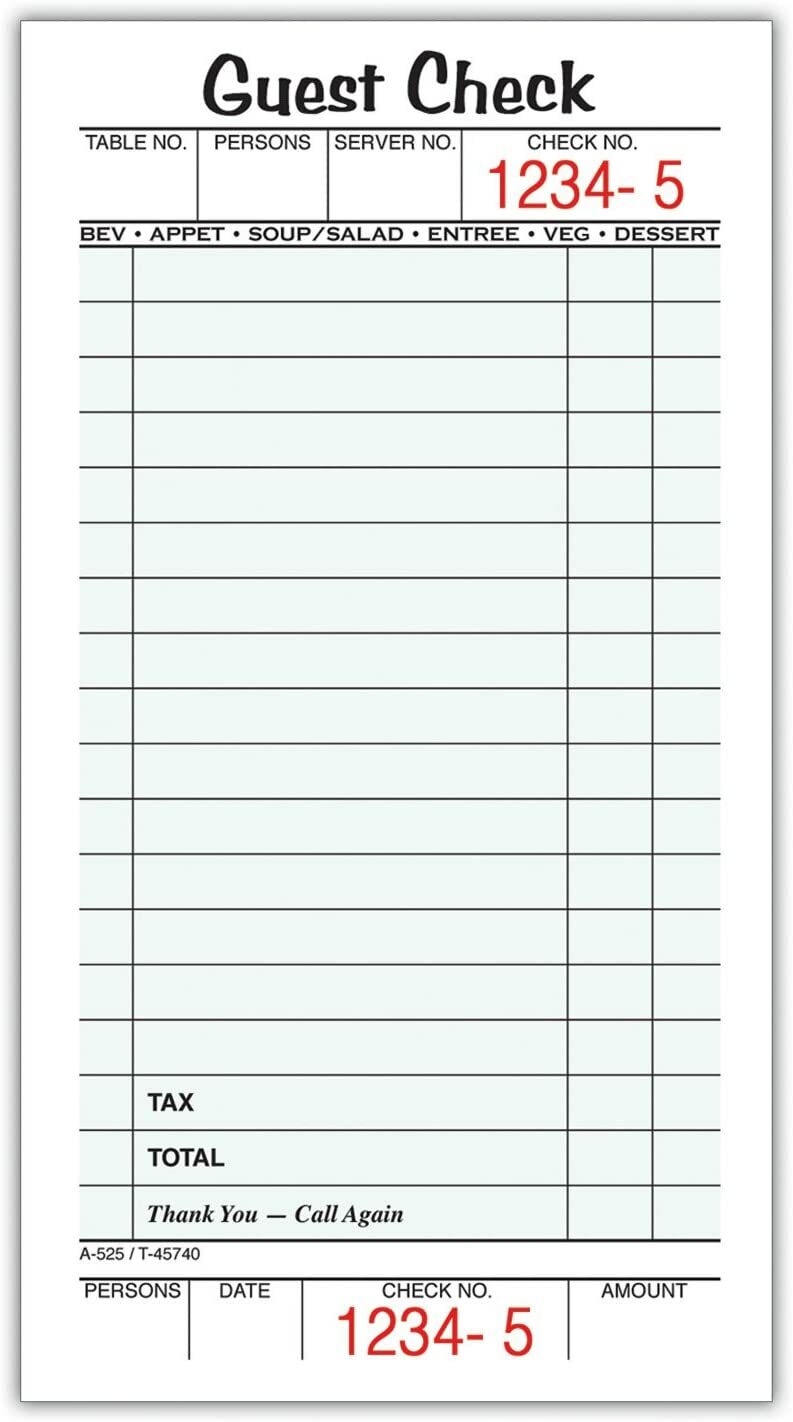 Adams 1-Part Guest Check Books, 3 2/5″ x 6 3/4″, 5 Pads Of 50 Sheets Each