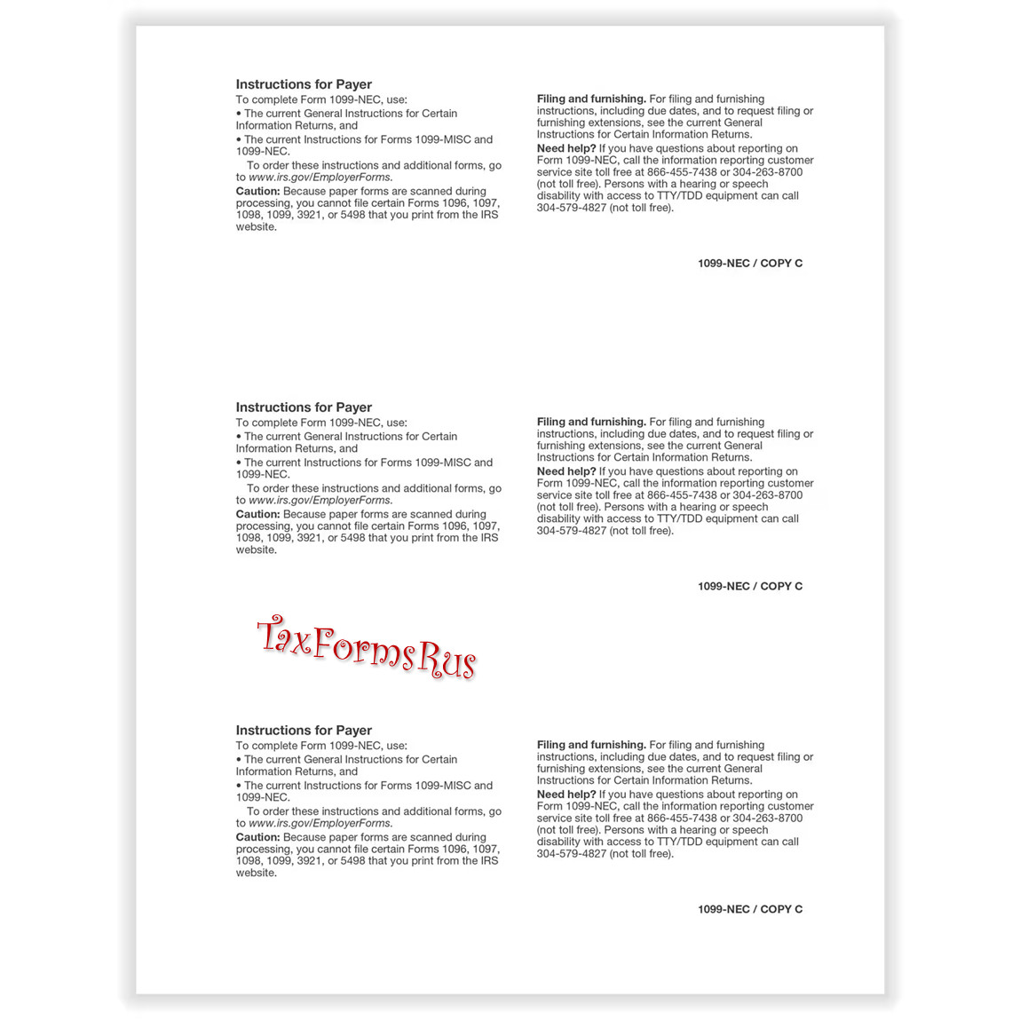 2025 IRS Tax Form 1099-NEC single sheet set LASER 3 recipients 4pt #N6103