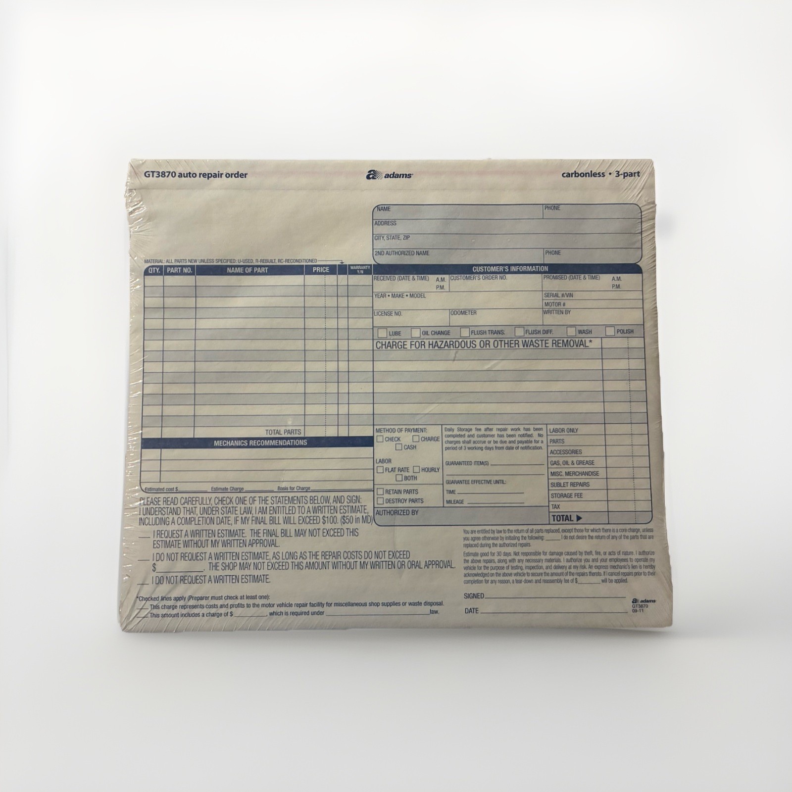 Adams GT3870 8.5 in x 7.44 in Repair Order Form Invoices – 50 Count