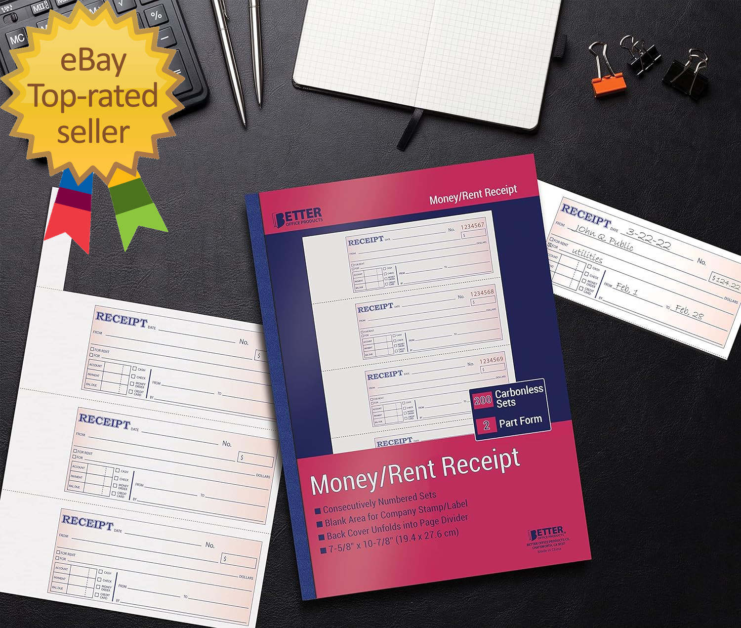 Cash Money and Rent Receipt Books 4 Pack Large Size 2-Part Carbonless