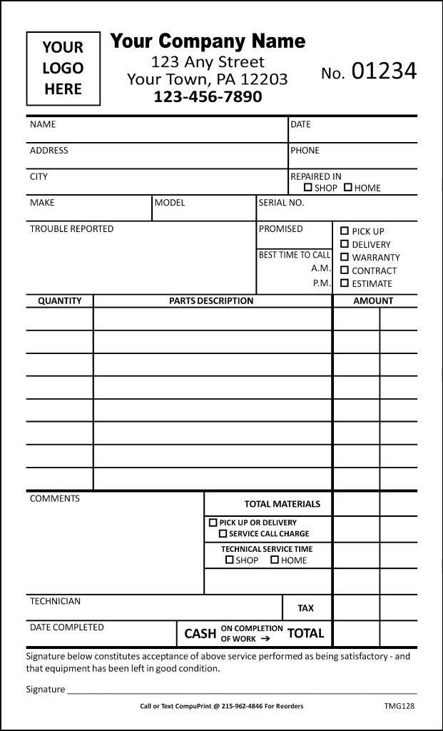 Custom Small Service Order Forms / 2 Part Carbonless / 4.25″ x 7″ / TMG128