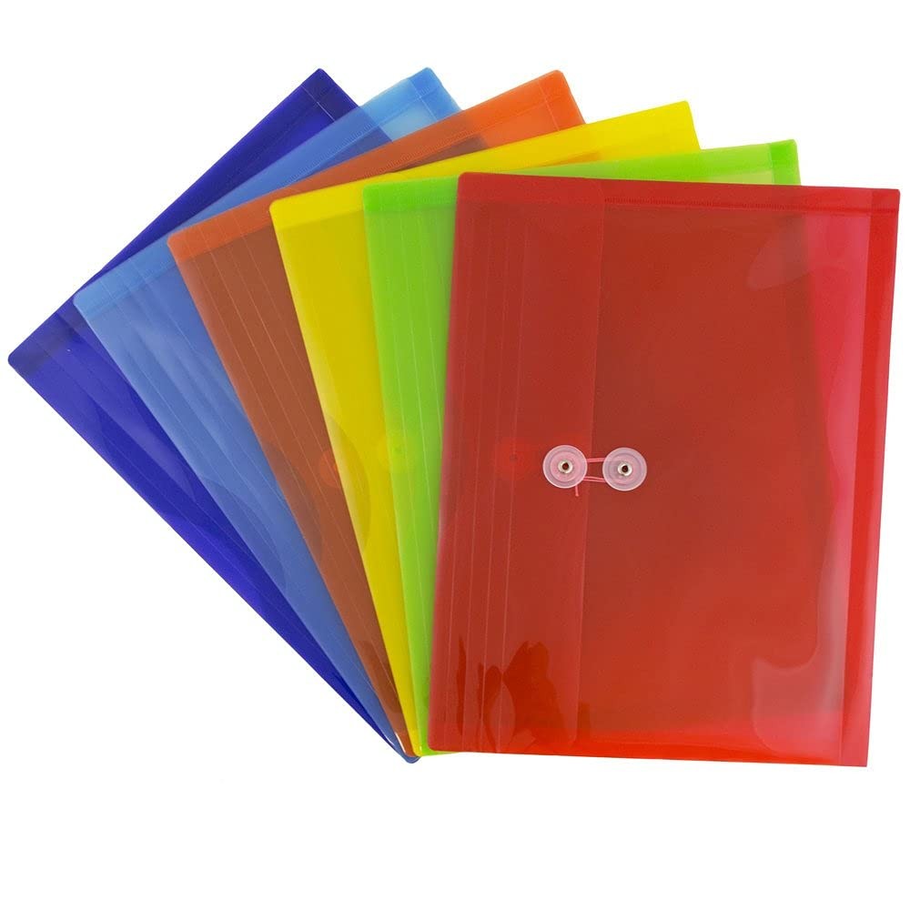 JAM PAPER Plastic Envelopes with Button & Letter Size, Assorted Colors 6 Pack