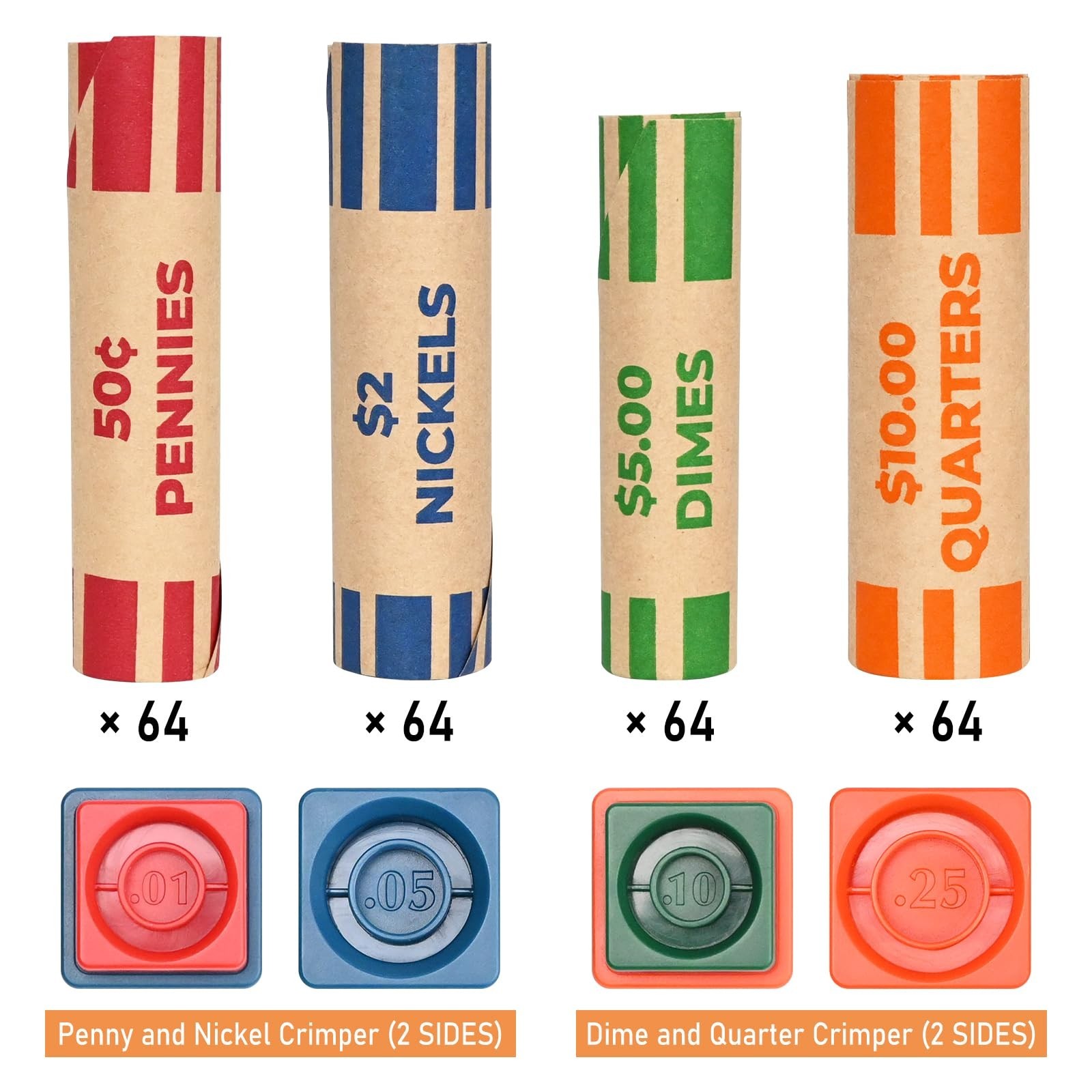 256 Assorted Preformed Coin Roll Wrappers with Coin Roll Crimper, Easy-Read D…