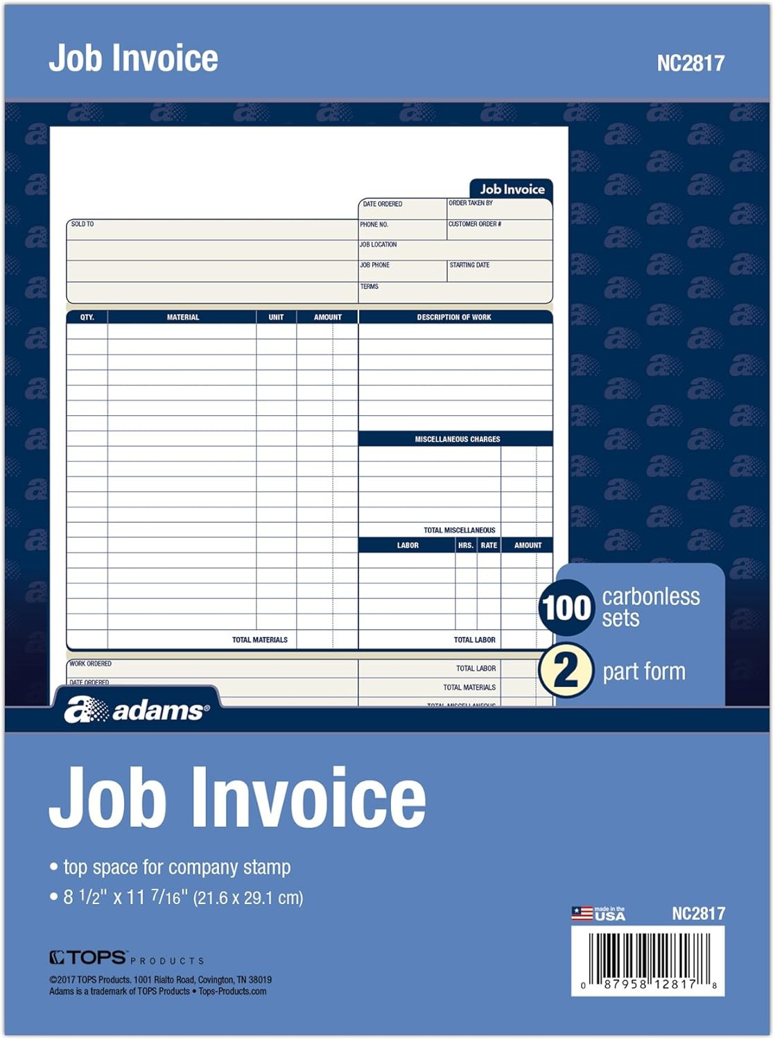 Job Invoice Forms, 2-Part Carbonless, for Service and Repair Billing, 100 Indivi