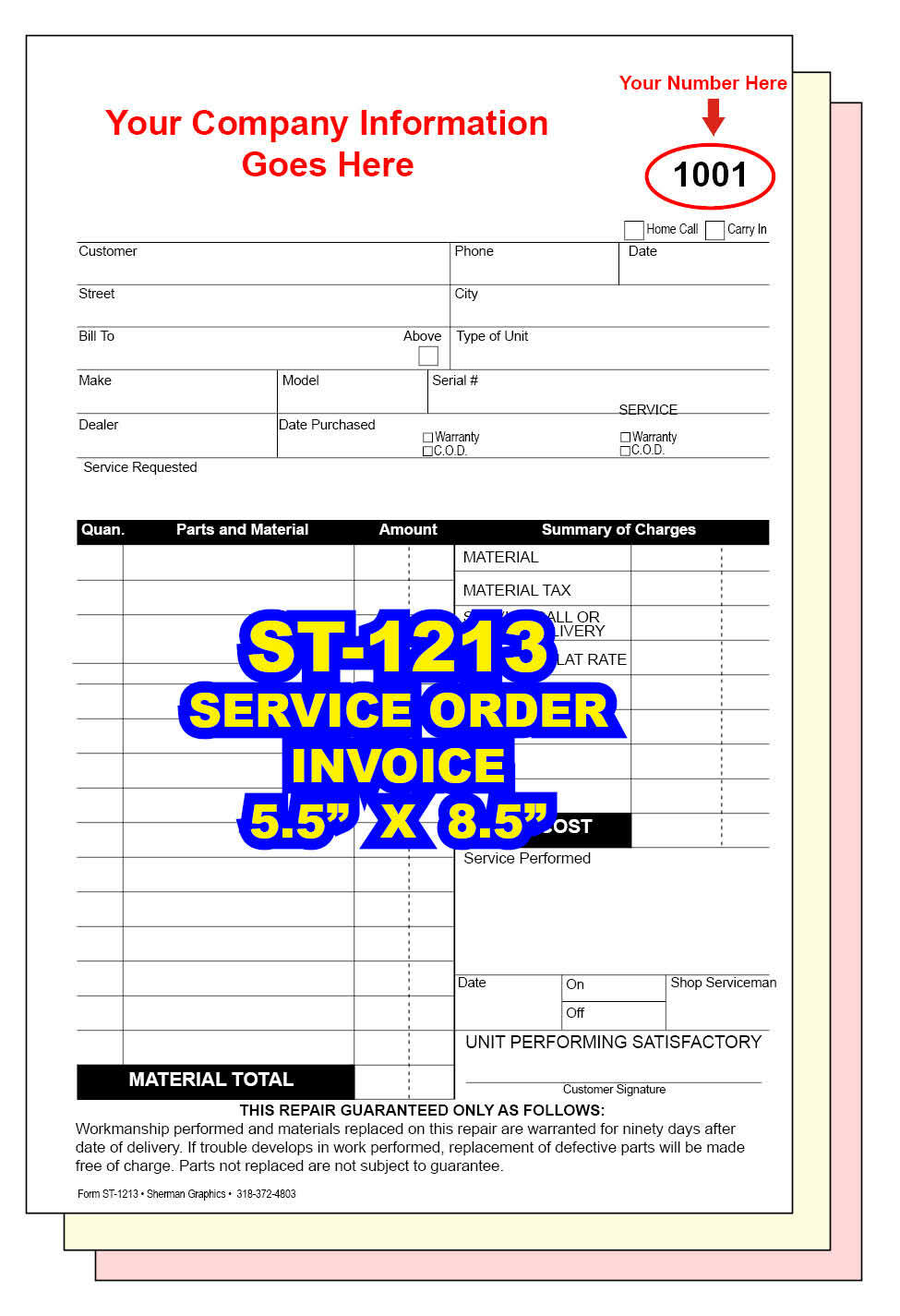 JOB SERVICE WORK ORDER / REPAIR INVOICE 2 or 3 Part Carbonless