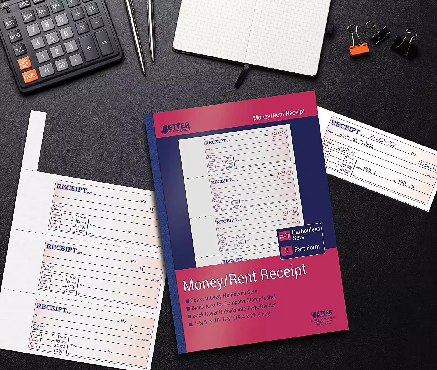 Better Office Products Cash Money and Rent Receipt Books, 4 Pack, Large Size, 2-
