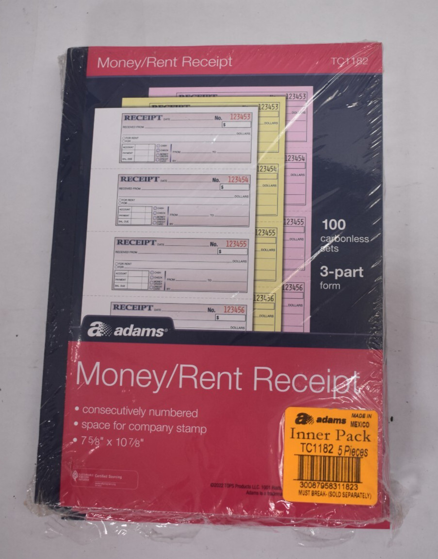 Lot of 5 Adams 3 Part Carbonless Money & Rent Receipt Booklets 500 Sets Total