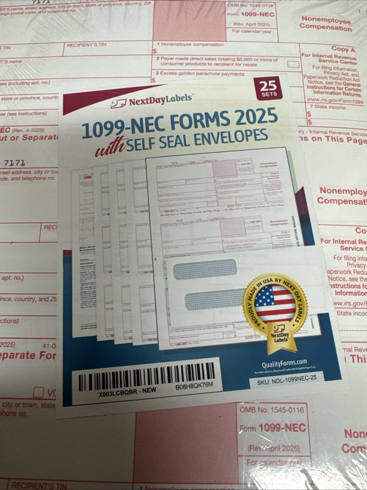 Next Day Labels 1099 NEC Forms 2025 With Self Seal Envelopes 25 Sets Unopened