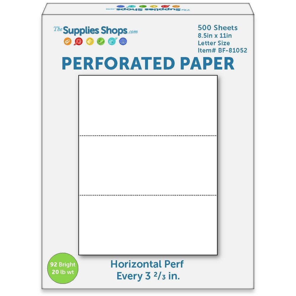 8-1/2″ x 11″ Laser Cut Sheet, 20# White Stock, 2 Horizontal Perforations 3-2/3″