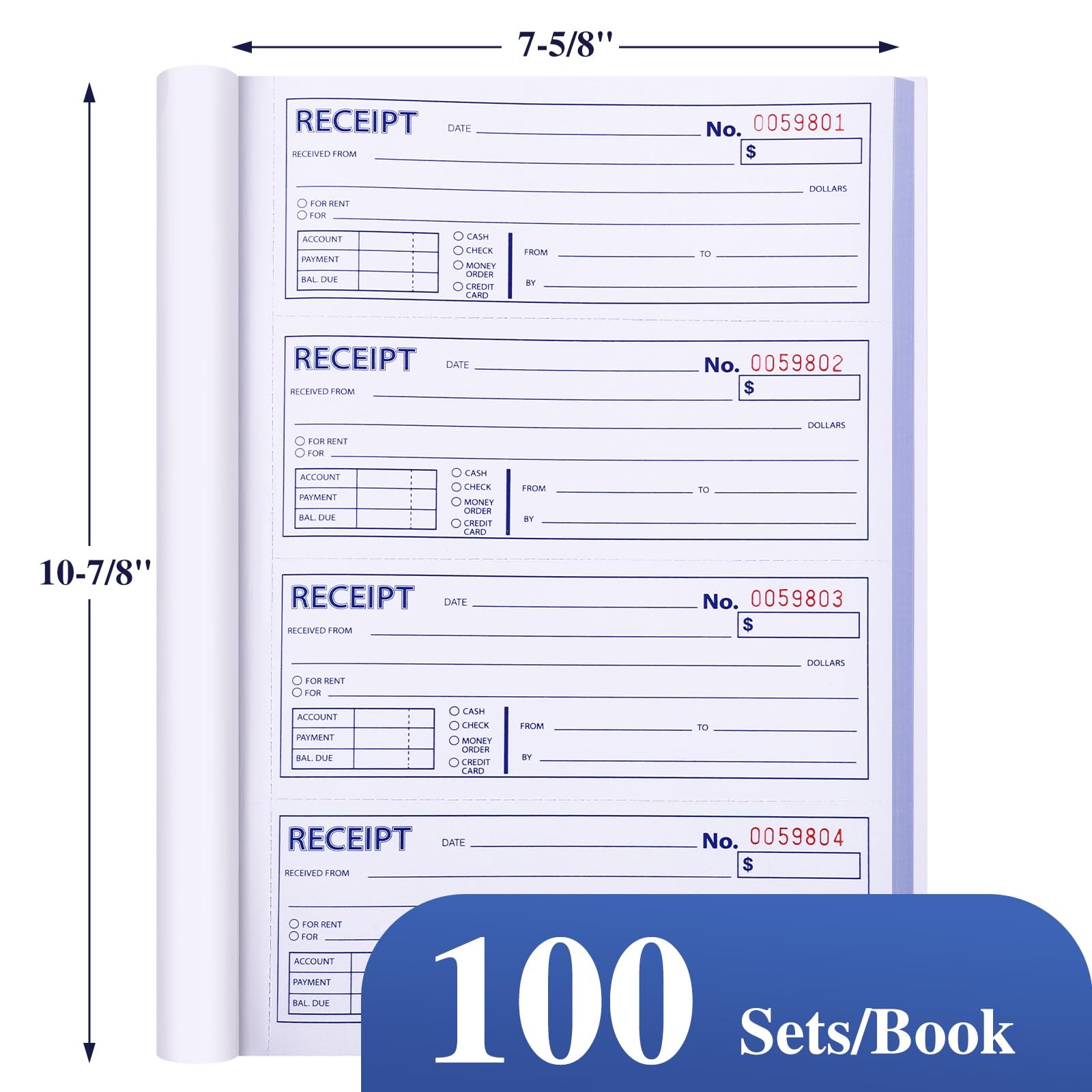 6 Pack Receipt Books 3Part Carbonless White Yellow Pink 100 Sets Per Book