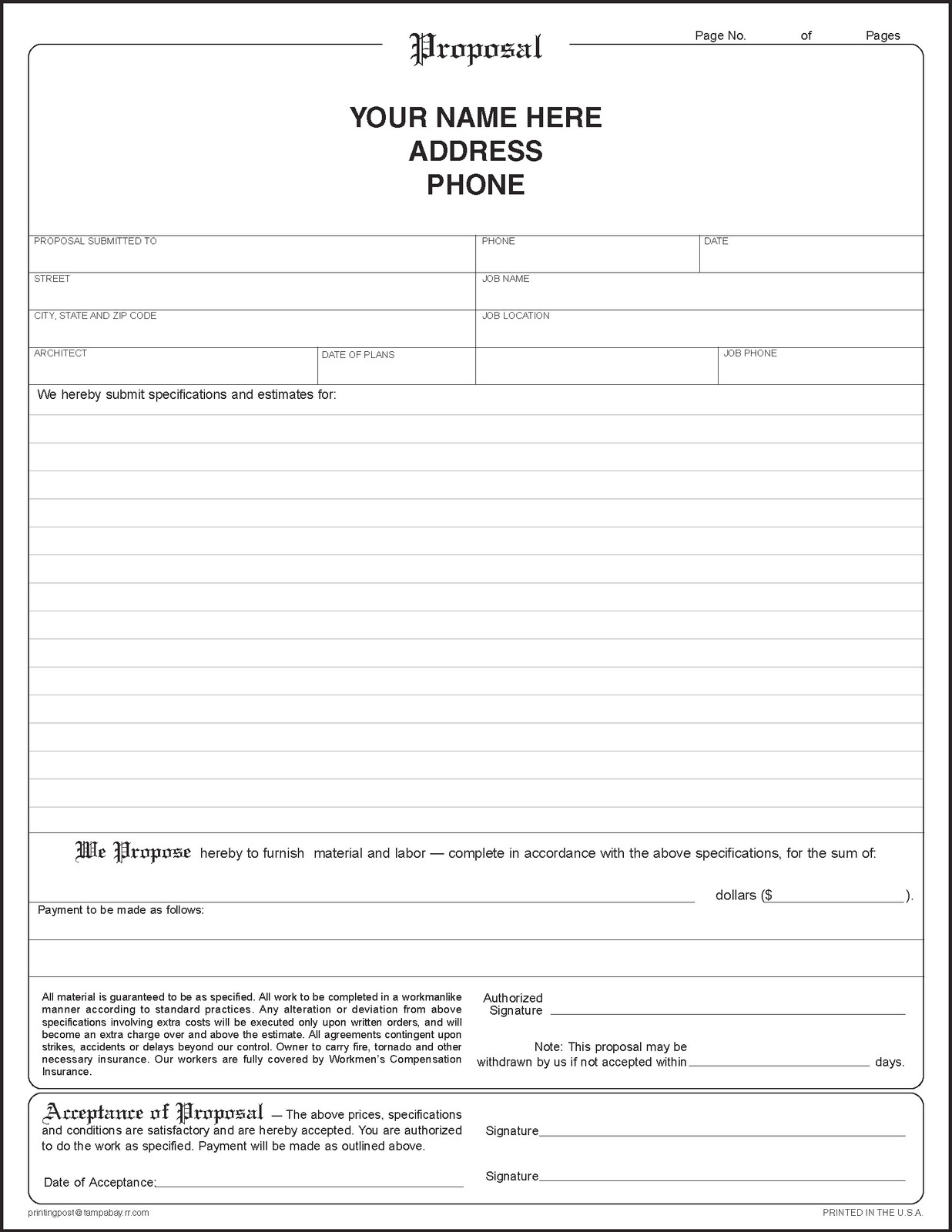 100 2-part Proposal Forms – Construction / Contractor Agreement