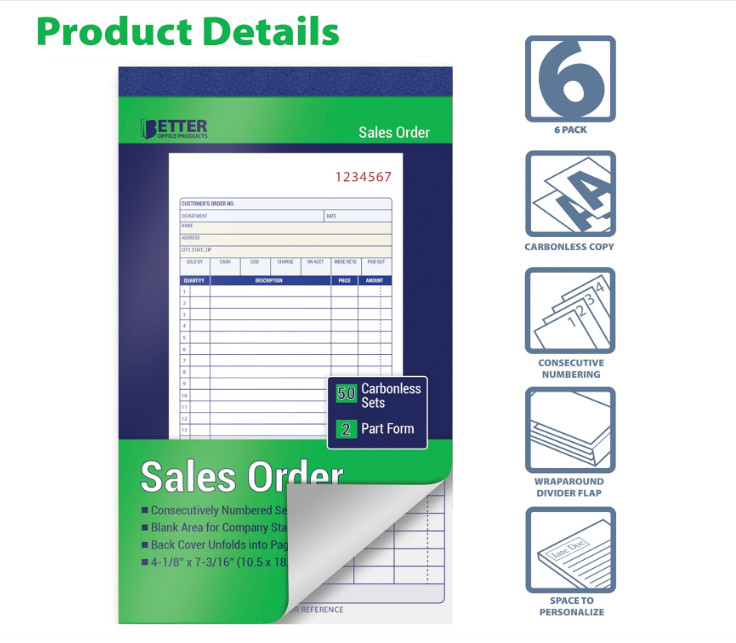 Better Office Products Sales Order Books, 6 Pack, 2-Part Carbonless (White/Canar