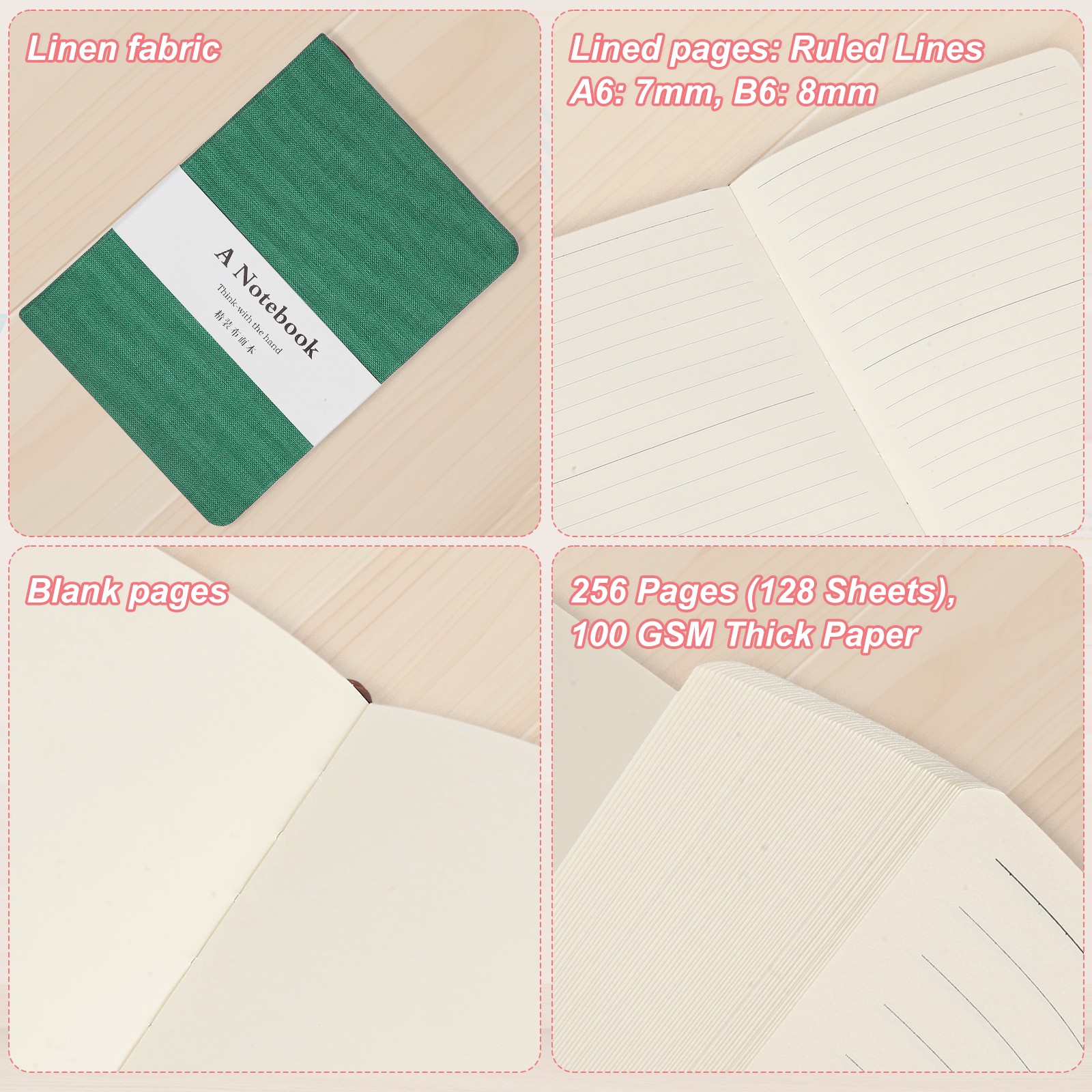 Linen Journal Notebook, 256 Pages 100 Gsm B6（5×7） Hardcover (Mountain Green)